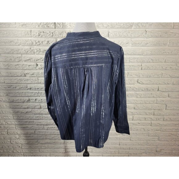 Ana Womens Top 3X Plus Long Sleeve Button Up Blue Silver Metallic STR107E - Picture 5 of 10
